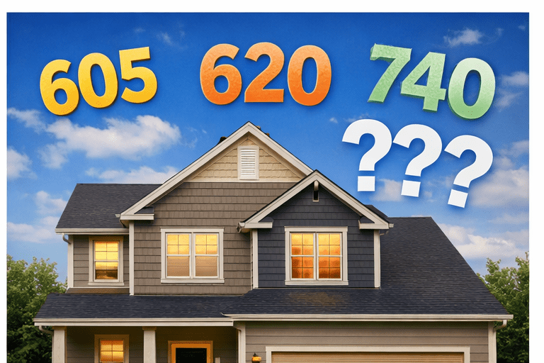 Arizona home with credit score tiers 566 620 720 and 805 floating above representing mortgage credit score impact