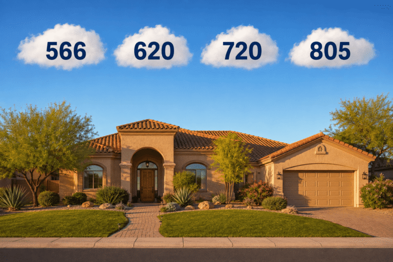 Arizona home with credit score tiers 566 620 720 and 805 floating above representing mortgage credit score impact