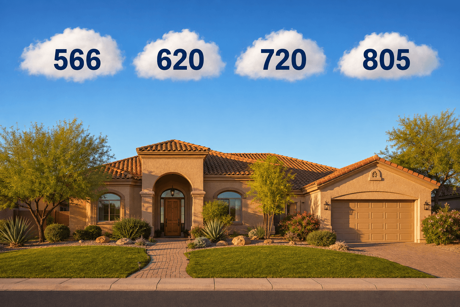 Arizona home with credit score tiers 566 620 720 and 805 floating above representing mortgage credit score impact